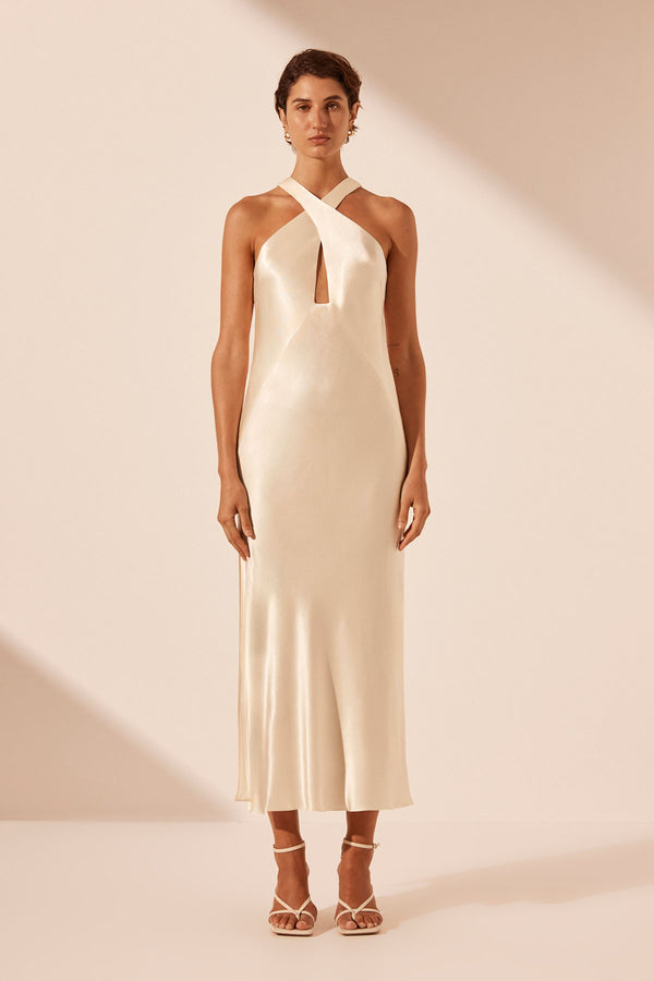 LA LUNE CROSS FRONT KEYHOLE MIDI DRESS - CREAM_F
