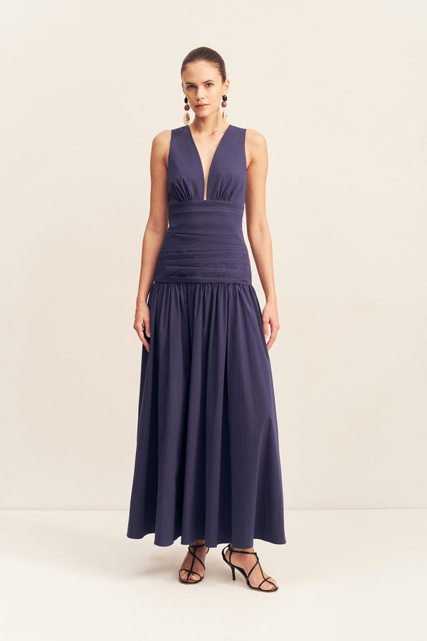 CAMPBELL PLUNGED GATHERED MAXI DRESS - MIDNIGHT_F