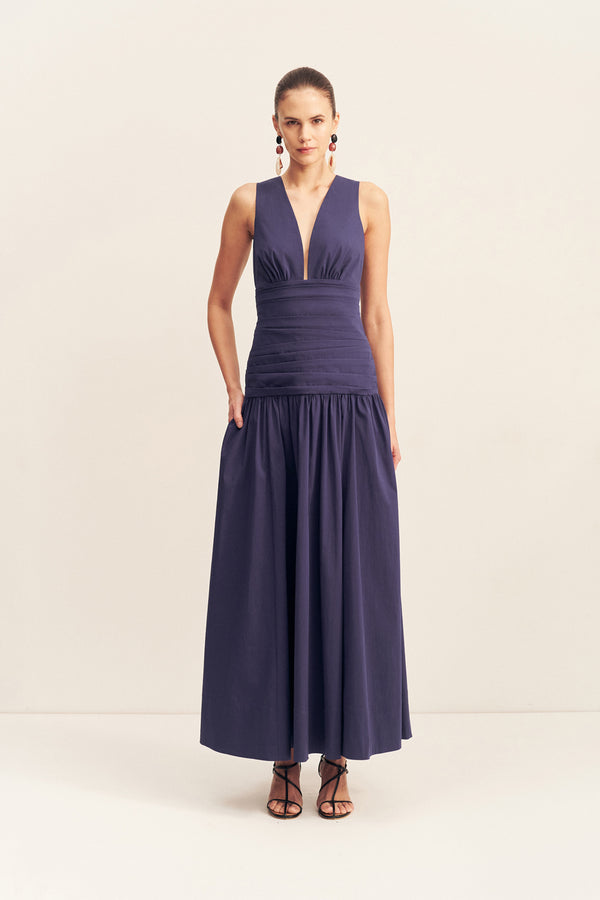 CAMPBELL PLUNGED GATHERED MAXI DRESS - MIDNIGHT