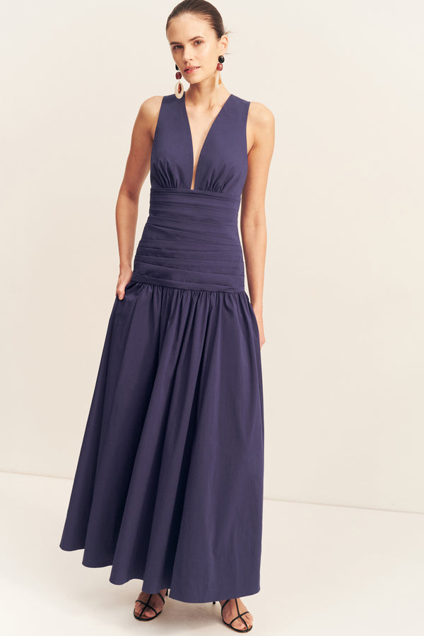 CAMPBELL PLUNGED GATHERED MAXI DRESS - MIDNIGHT