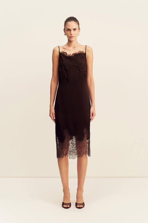 LUCIA LACE SLIP MIDI DRESS - ESPRESSO_F