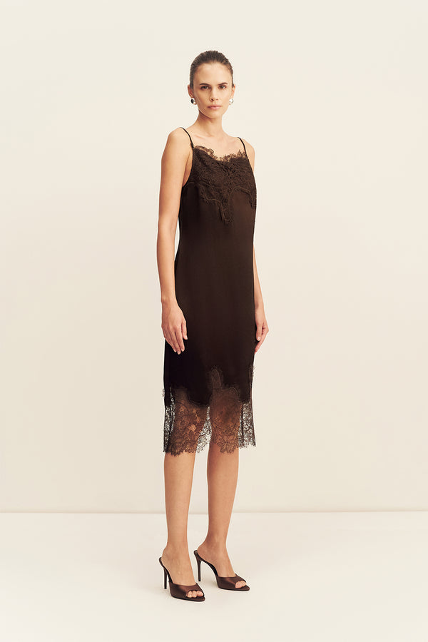 LUCIA LACE SLIP MIDI DRESS - ESPRESSO