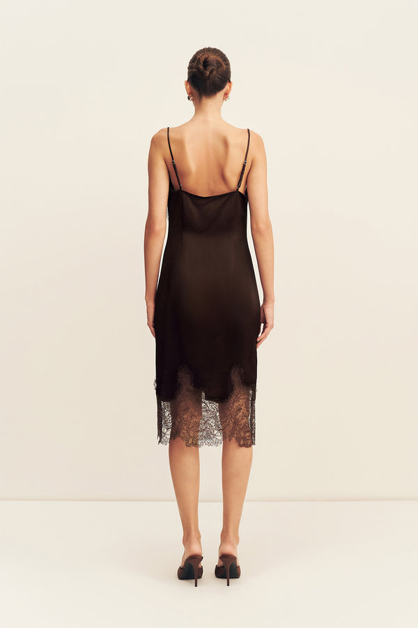 LUCIA LACE SLIP MIDI DRESS - ESPRESSO