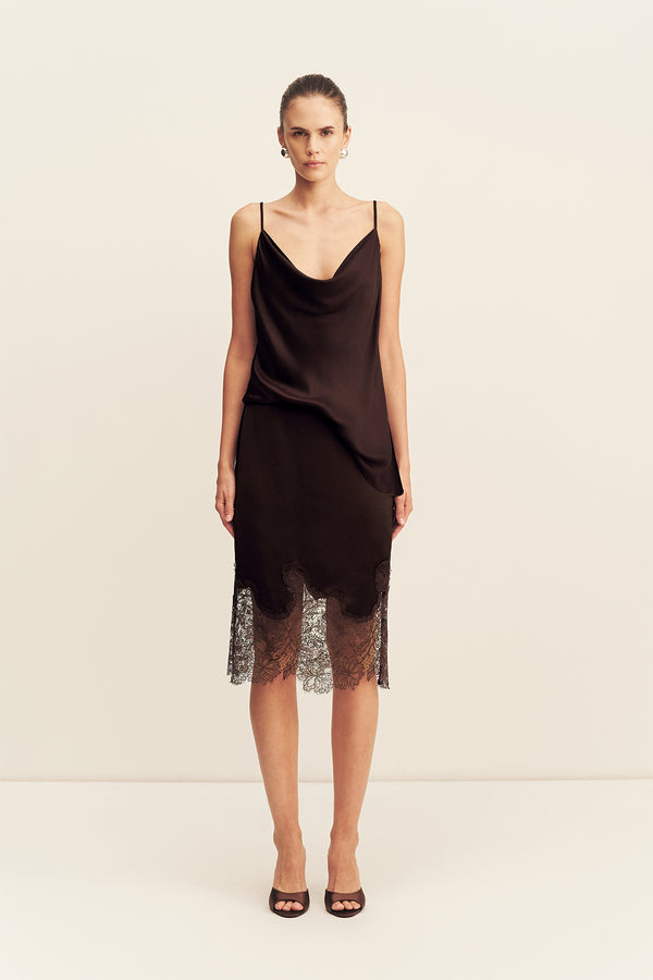 LUCIA LACE KNEE LENGTH SKIRT - ESPRESSO_F