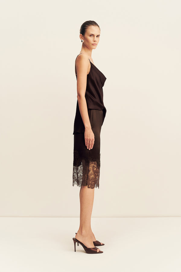 LUCIA LACE KNEE LENGTH SKIRT - ESPRESSO