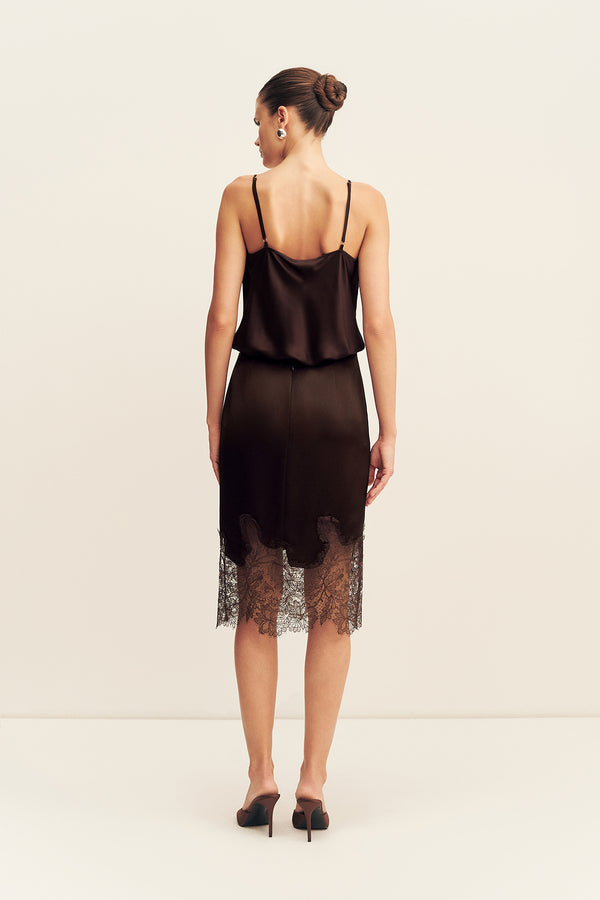 LUCIA LACE KNEE LENGTH SKIRT - ESPRESSO