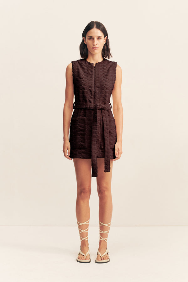 PAULINE ZIP FRONT MINI DRESS - ESPRESSO_F