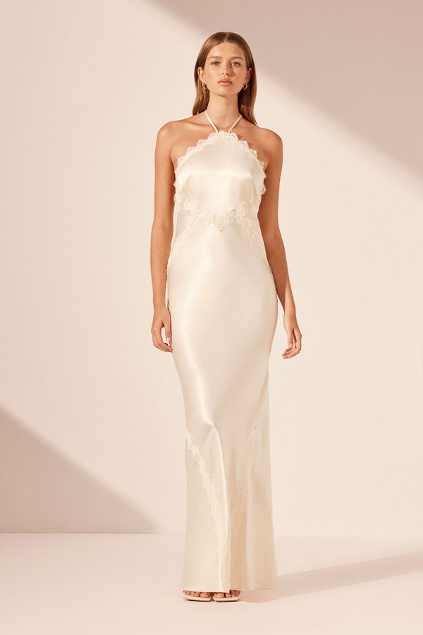 LA LUNE LACE HALTER OPEN BACK MAXI DRESS - CREAM_F