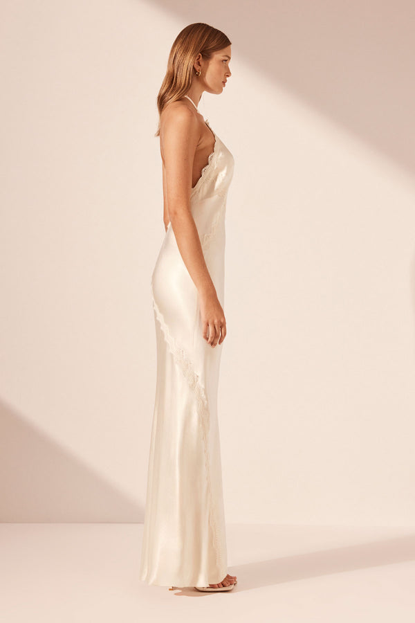LA LUNE LACE HALTER OPEN BACK MAXI DRESS - CREAM_S