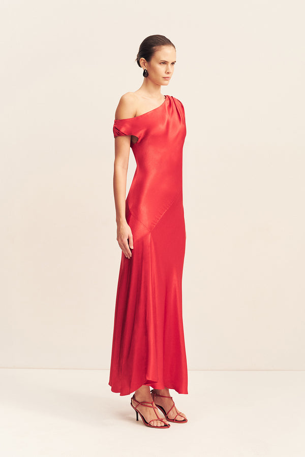 TATUM ASYMMETRICAL DRAPED MAXI DRESS - GRENADINE