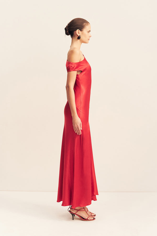 TATUM ASYMMETRICAL DRAPED MAXI DRESS - GRENADINE