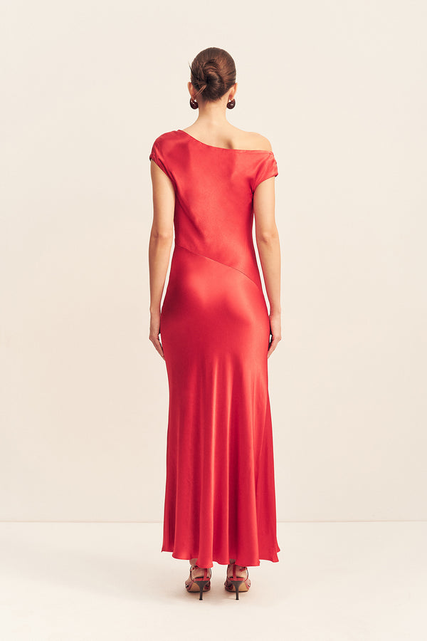 TATUM ASYMMETRICAL DRAPED MAXI DRESS - GRENADINE