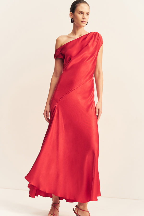 TATUM ASYMMETRICAL DRAPED MAXI DRESS - GRENADINE