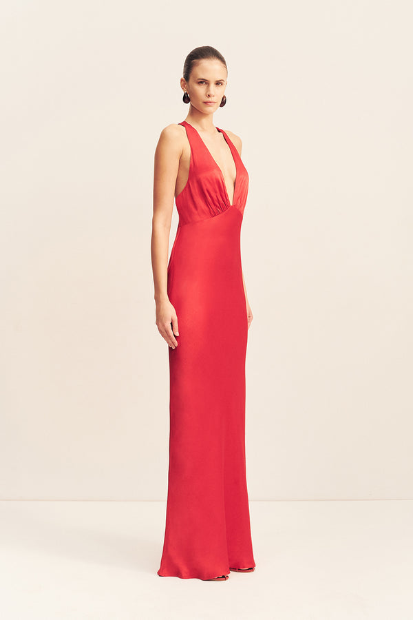 TATUM PLUNGED CROSS BACK MAXI DRESS - GRENADINE