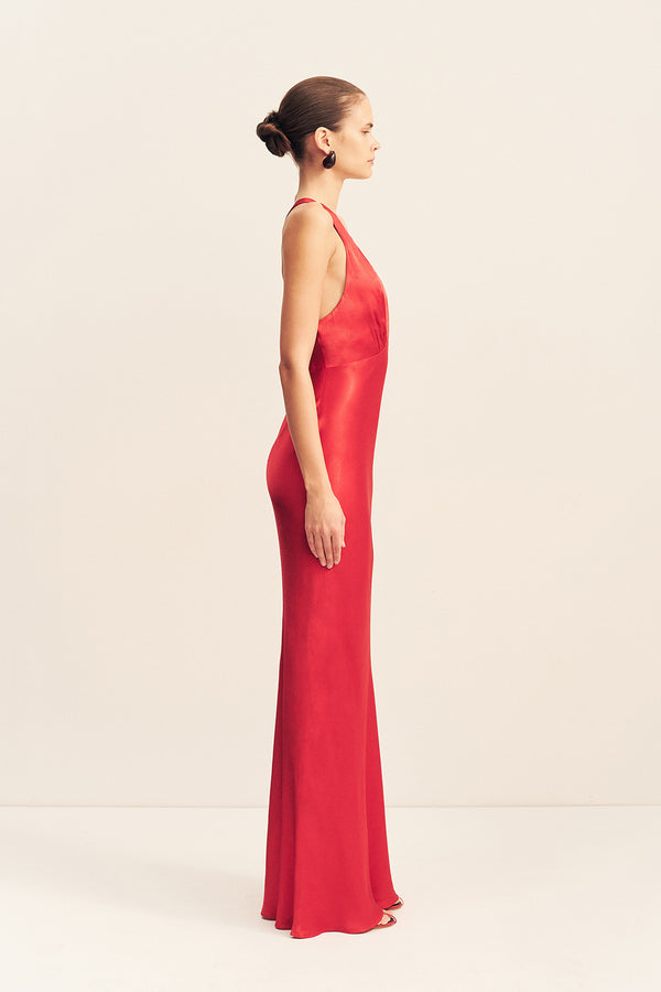 TATUM PLUNGED CROSS BACK MAXI DRESS - GRENADINE