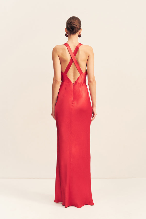 TATUM PLUNGED CROSS BACK MAXI DRESS - GRENADINE