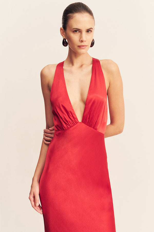 TATUM PLUNGED CROSS BACK MAXI DRESS - GRENADINE