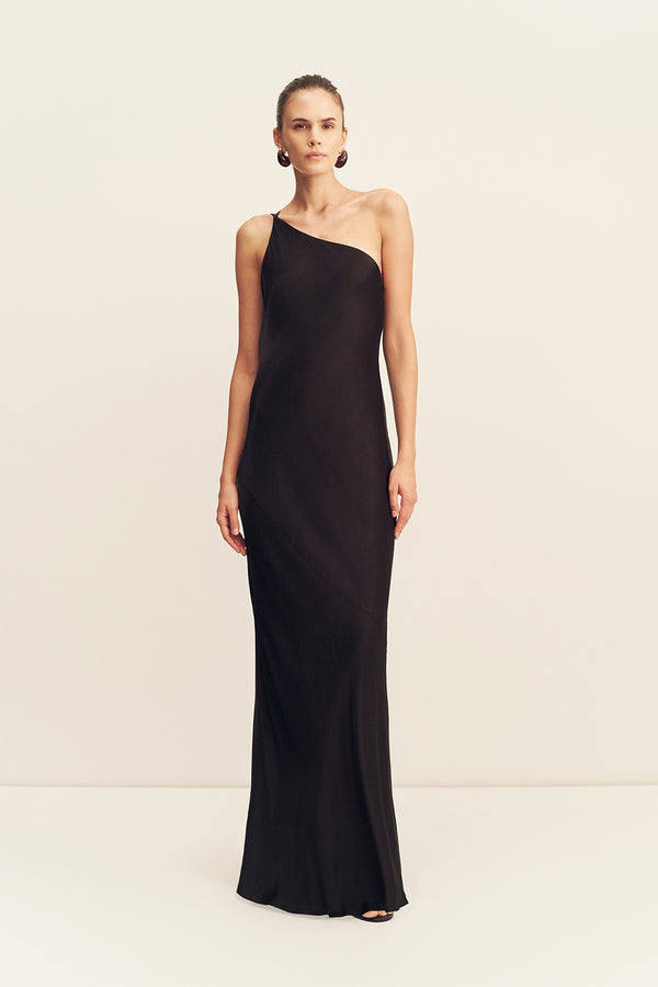 LA LUNE ONE SHOULDER COWL BACK MAXI DRESS - BLACK_F