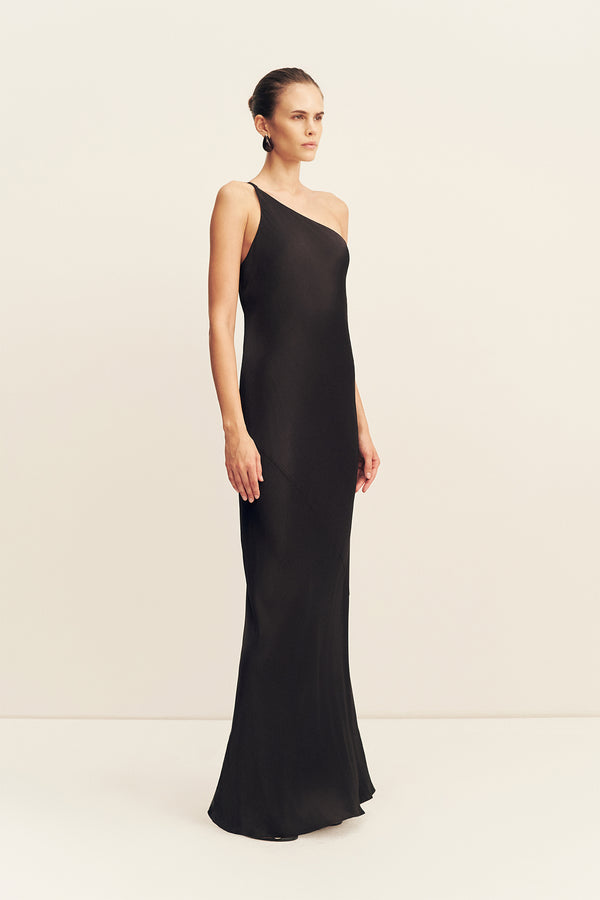 LA LUNE ONE SHOULDER COWL BACK MAXI DRESS - BLACK