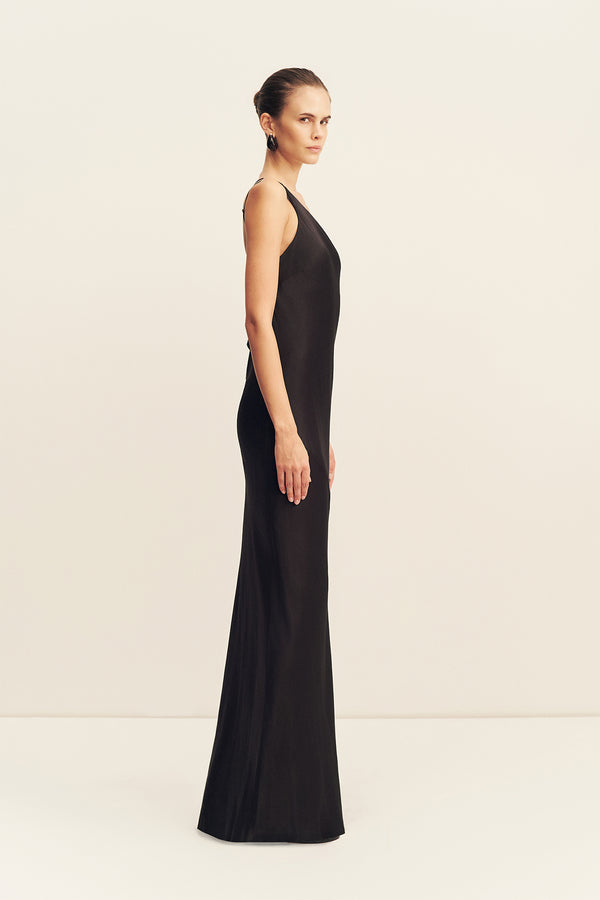 LA LUNE ONE SHOULDER COWL BACK MAXI DRESS - BLACK