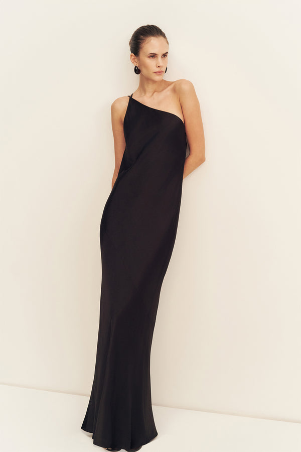 LA LUNE ONE SHOULDER COWL BACK MAXI DRESS - BLACK