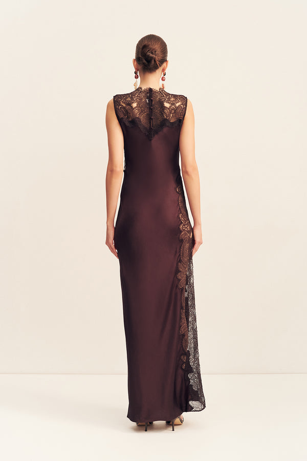 JAMILA LACE HIGH NECK MAXI DRESS - ESPRESSO