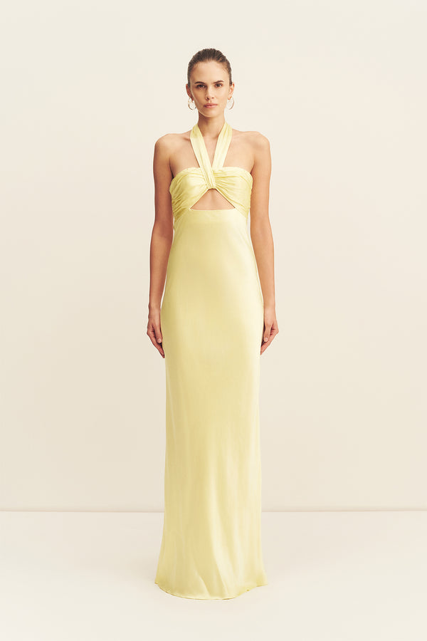 LA LUNE RUCHED HALTER MAXI DRESS - LEMON_F