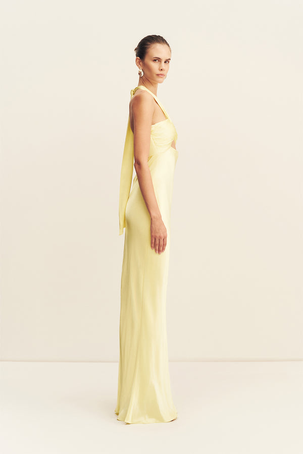 LA LUNE RUCHED HALTER MAXI DRESS - LEMON