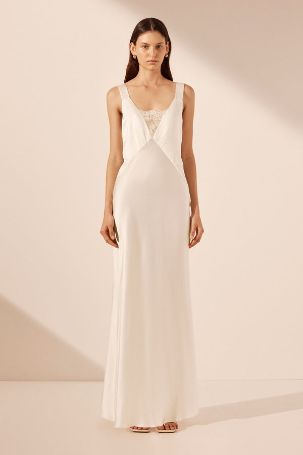 LA LUNE CUMULUS SILK PLUNGED LACE NECK MAXI DRESS - IVORY_F