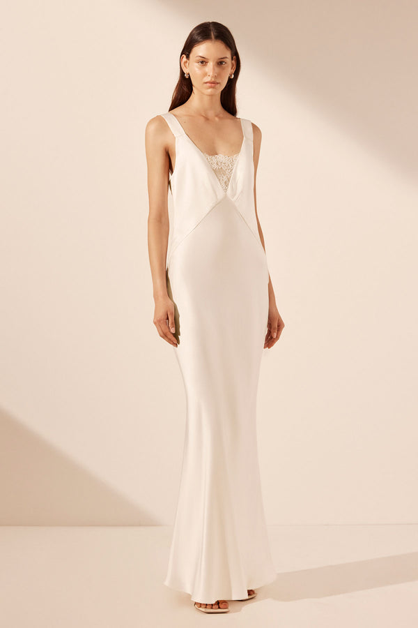 LA LUNE CUMULUS SILK PLUNGED LACE NECK MAXI DRESS - IVORY_A