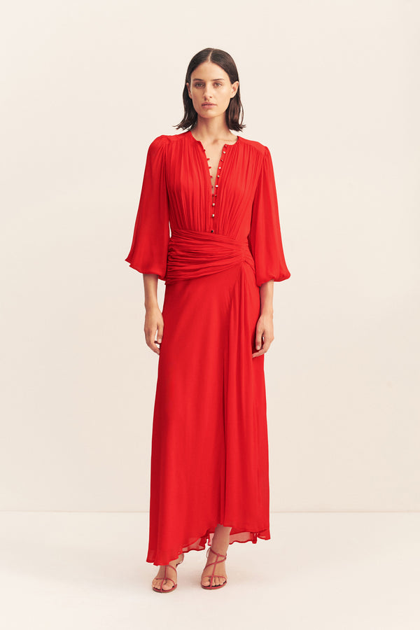 ROMY HIGH NECK BALLOON SLEEVE MAXI DRESS - CHILLI_F