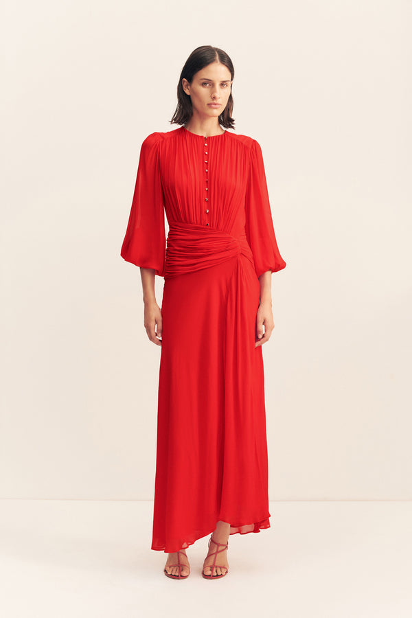 ROMY HIGH NECK BALLOON SLEEVE MAXI DRESS - CHILLI