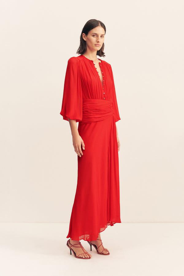 ROMY HIGH NECK BALLOON SLEEVE MAXI DRESS - CHILLI