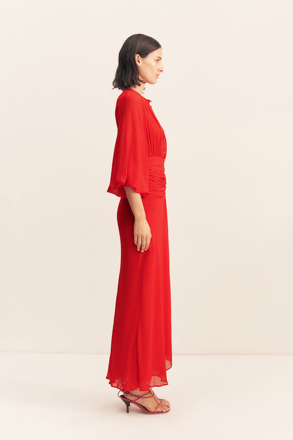 ROMY HIGH NECK BALLOON SLEEVE MAXI DRESS - CHILLI