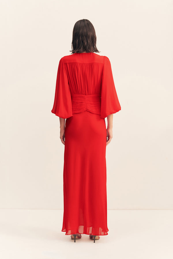 ROMY HIGH NECK BALLOON SLEEVE MAXI DRESS - CHILLI