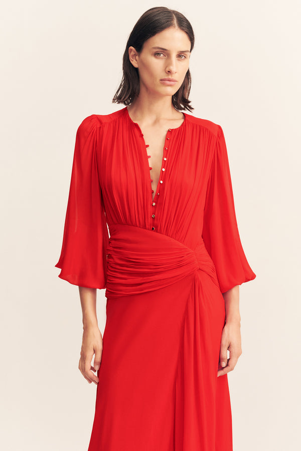 ROMY HIGH NECK BALLOON SLEEVE MAXI DRESS - CHILLI