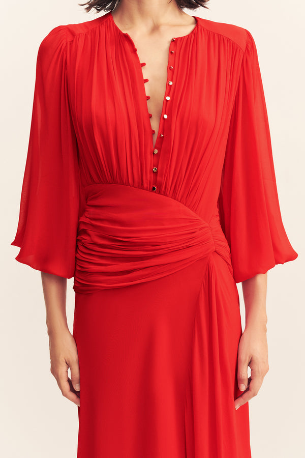 ROMY HIGH NECK BALLOON SLEEVE MAXI DRESS - CHILLI
