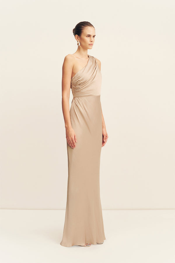 LA LUNE GATHERED ONE SHOULDER MAXI DRESS - GOLD