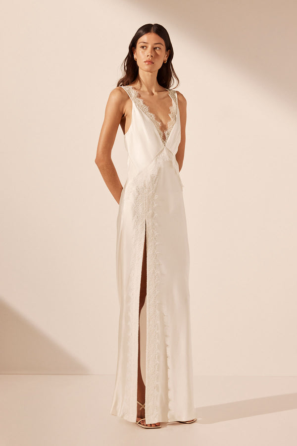 LA LUNE CUMULUS SILK LACE STRAP SPLIT MAXI DRESS - IVORY_A