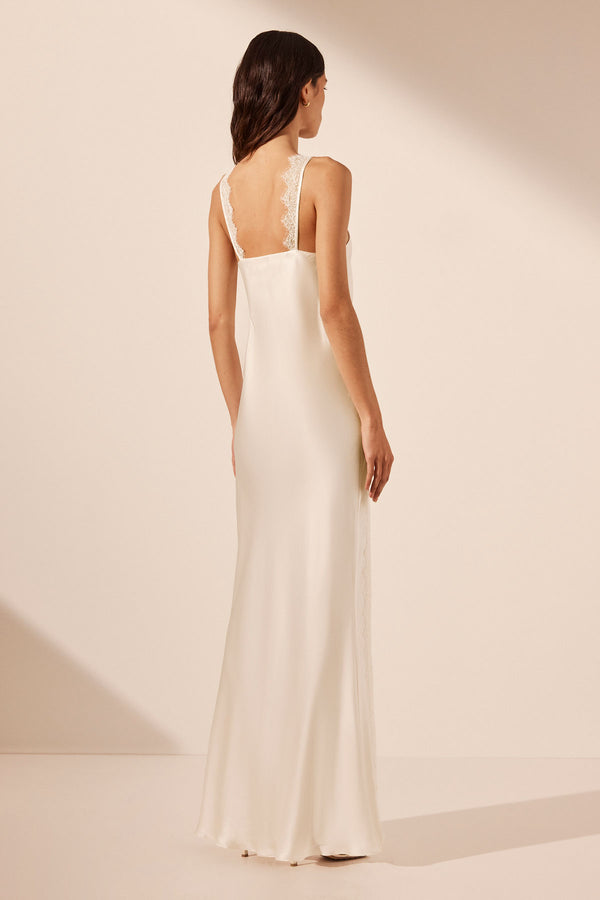 LA LUNE CUMULUS SILK LACE STRAP SPLIT MAXI DRESS - IVORY_B