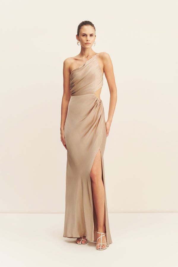 La Lune Asymmetrical Gathered Maxi Dress | Gold | Dresses | Shona Joy La Lune Asymmetrical Gathered Maxi Dress | Gold | Dresses | Shona Joy