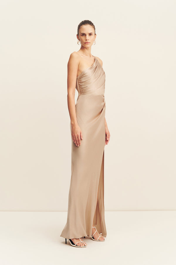La Lune Asymmetrical Gathered Maxi Dress | Gold | Dresses