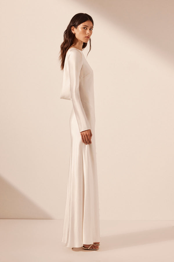 LA LUNE CUMULUS SILK BACKLESS LACE SPLIT MAXI DRESS - IVORY_S