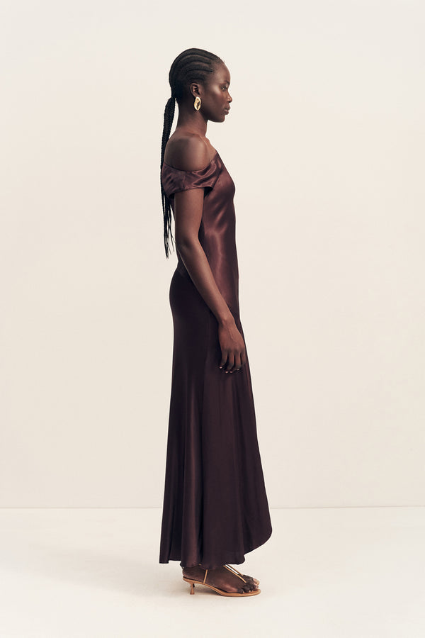 LA LUNE ASYMMETRICAL DRAPED MAXI DRESS - ESPRESSO