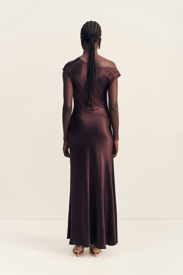 LA LUNE ASYMMETRICAL DRAPED MAXI DRESS - ESPRESSO