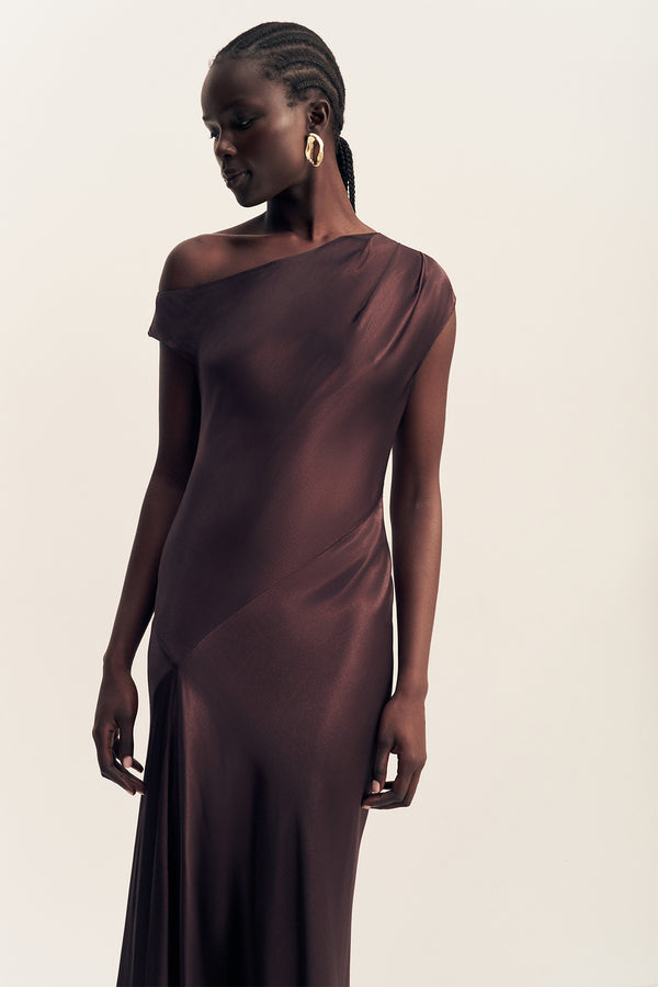 LA LUNE ASYMMETRICAL DRAPED MAXI DRESS - ESPRESSO