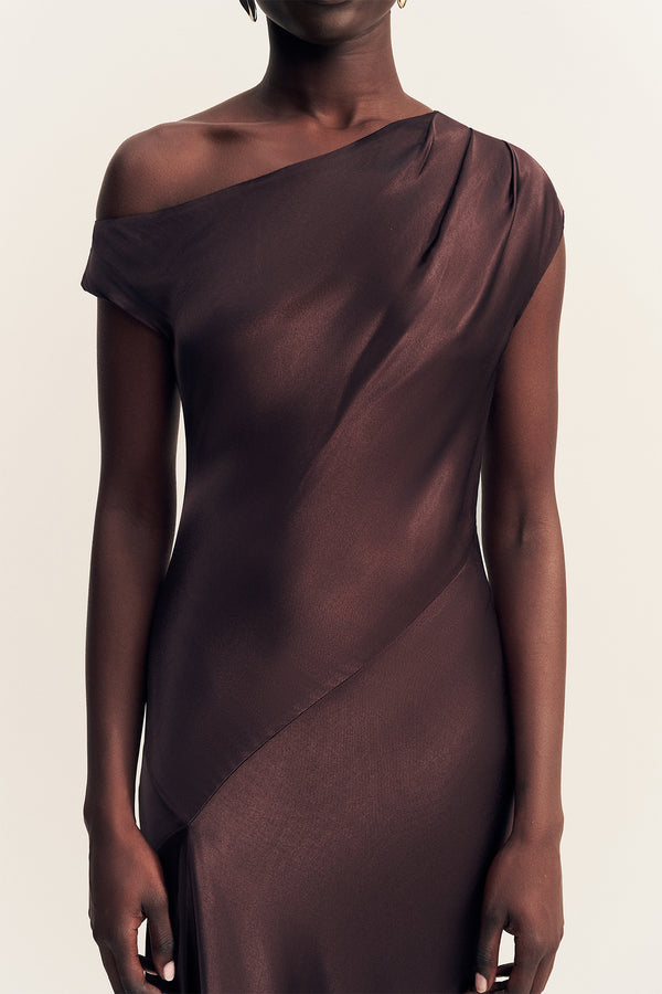 LA LUNE ASYMMETRICAL DRAPED MAXI DRESS - ESPRESSO