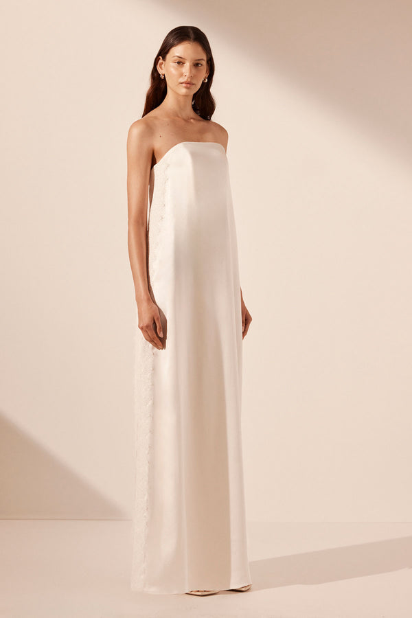 LA LUNE CUMULUS SILK STRAPLESS LACE COLUMN MAXI DRESS - IVORY_A