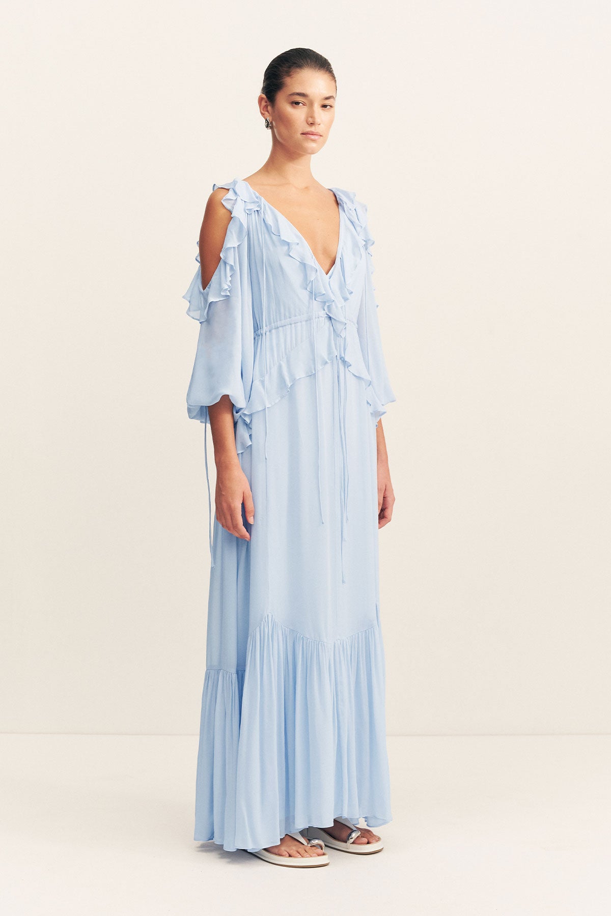 Emory Ruffle Drawstring Maxi Dress | Arcadian Blue | Dresses