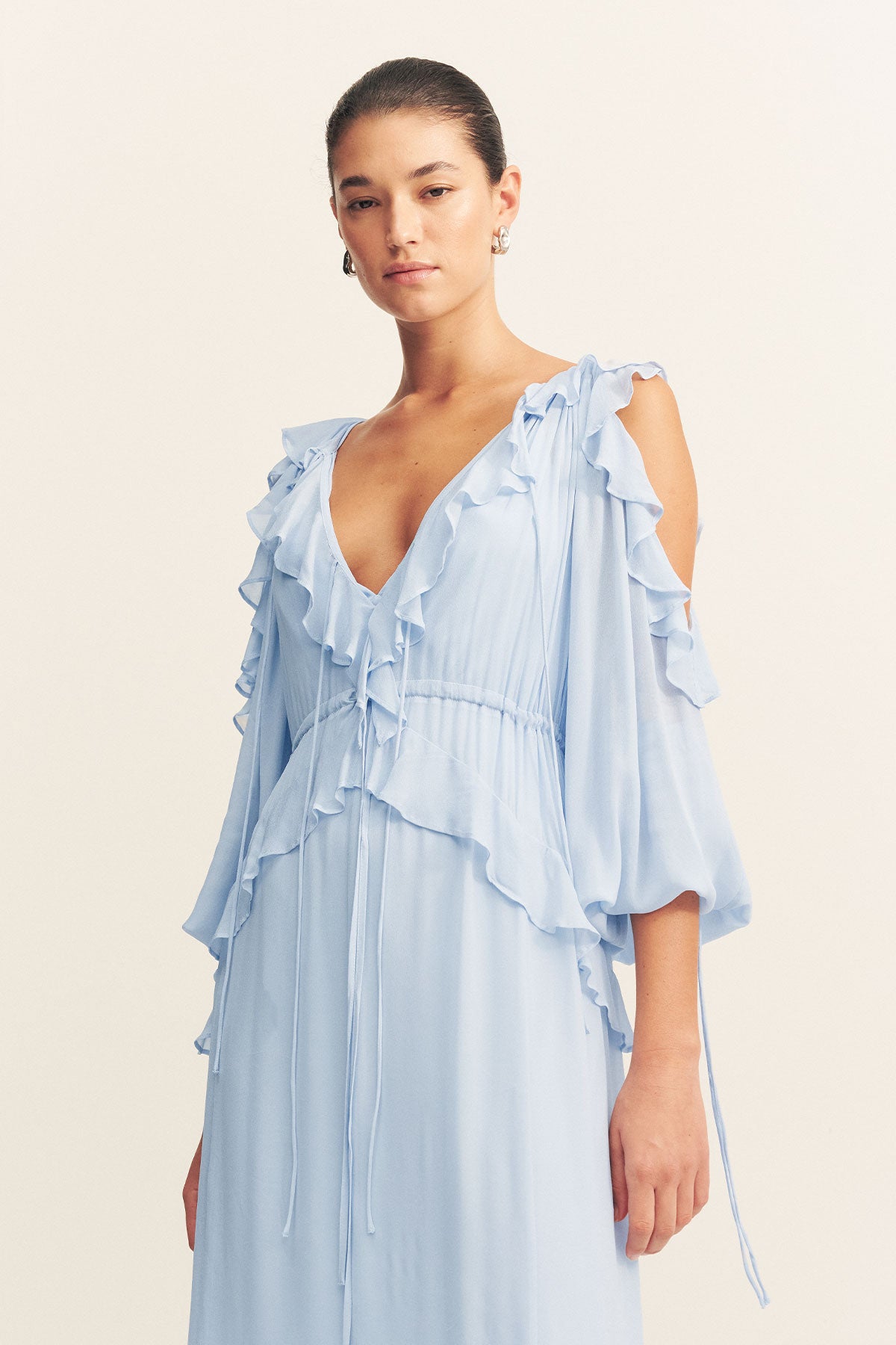 Emory Ruffle Drawstring Maxi Dress | Arcadian Blue | Dresses